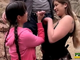 PUBLIC HANDJOBS Miatsu Kumiko and Laura Coryander jerk a horny hiker at a state park